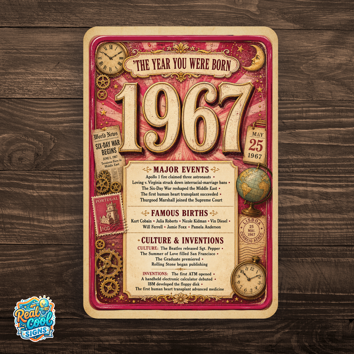 1967 The Year You Were Born Aluminum Sign – Vintage Birthday & Anniversary Gift