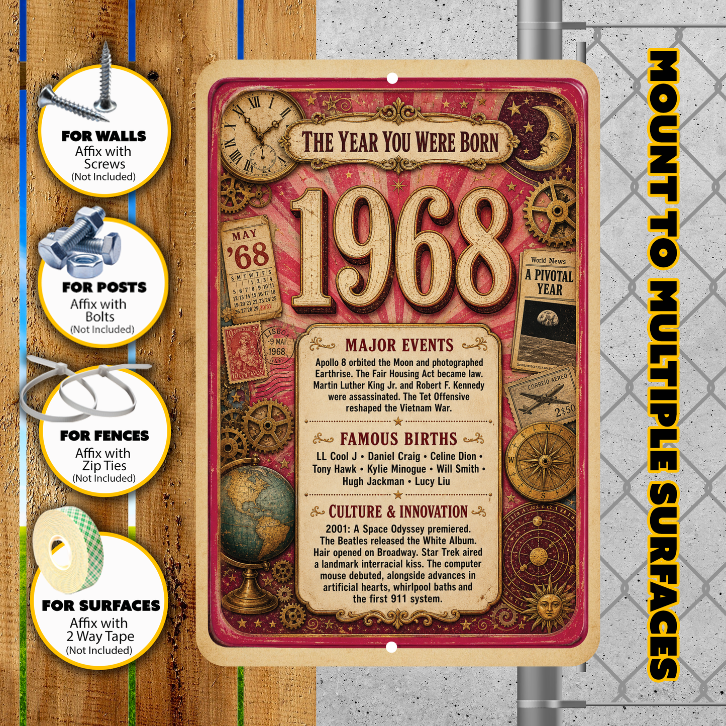 1968 The Year You Were Born Aluminum Sign – Vintage Birthday & Anniversary Gift
