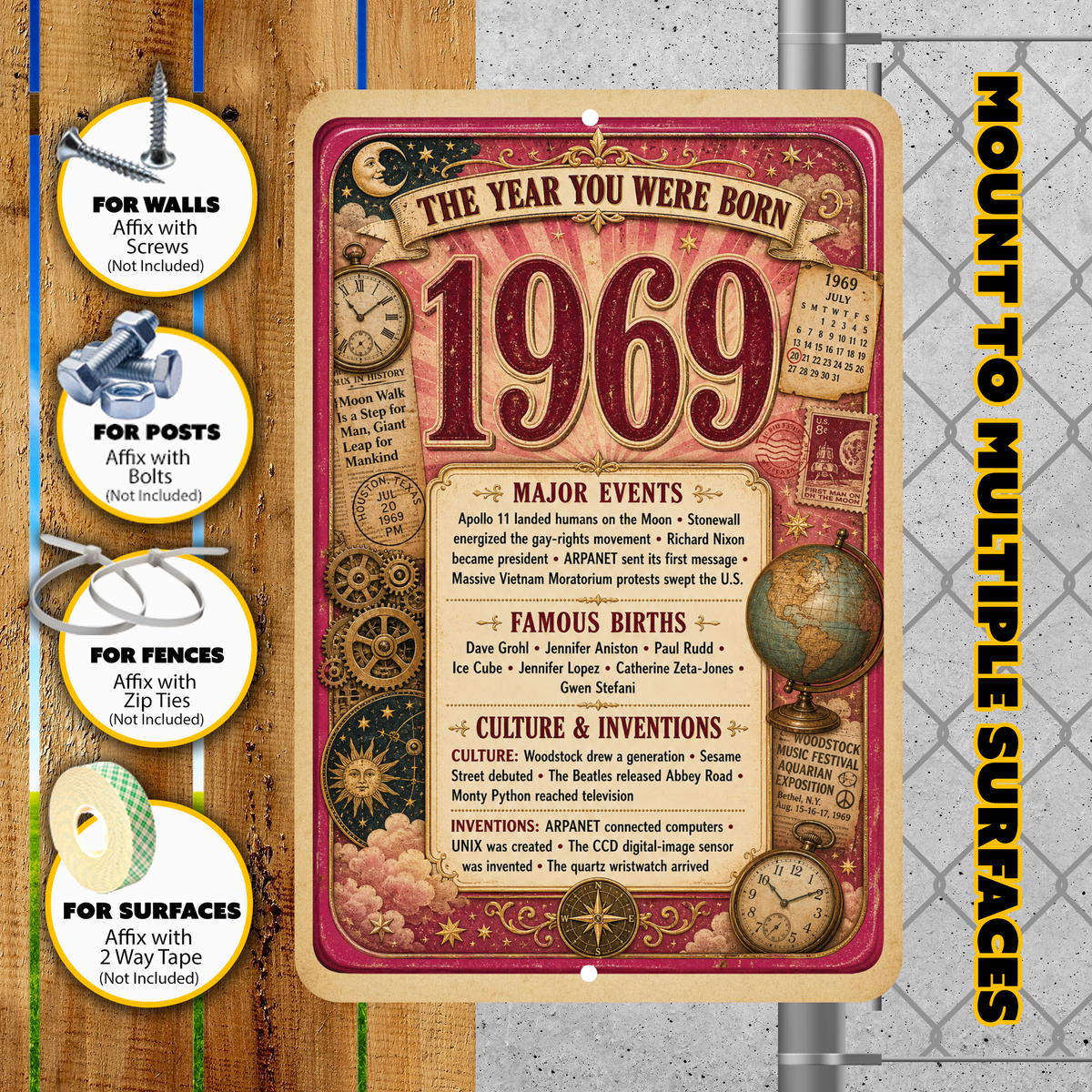 1969 The Year You Were Born Aluminum Sign – Vintage Birthday & Anniversary Gift