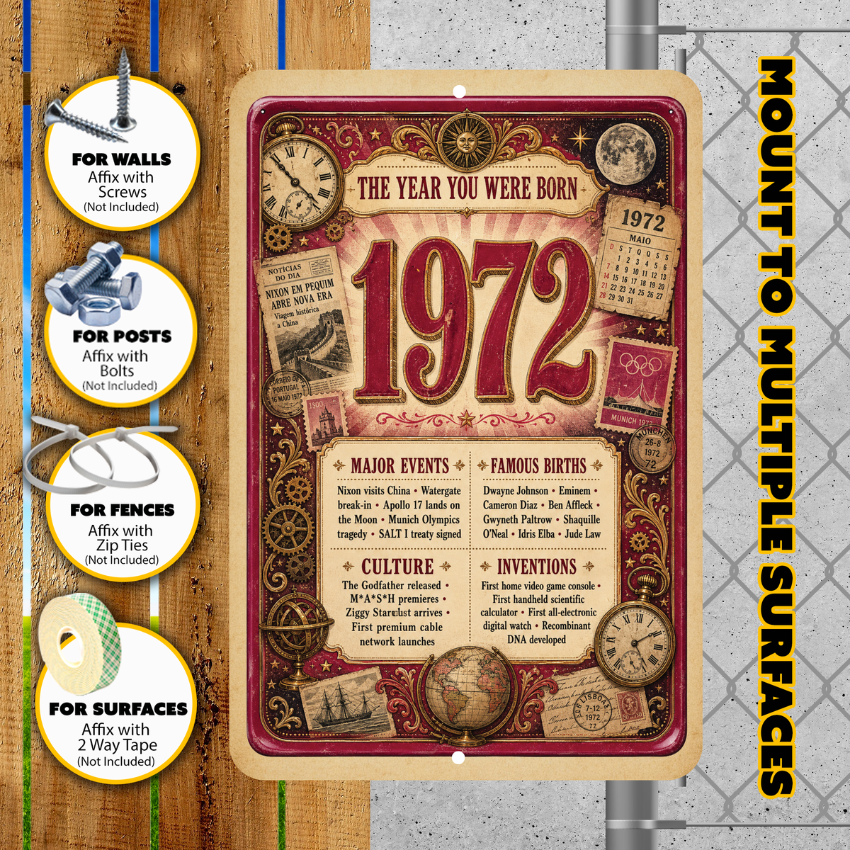 1972 The Year You Were Born Aluminum Sign – Vintage Birthday & Anniversary Gift