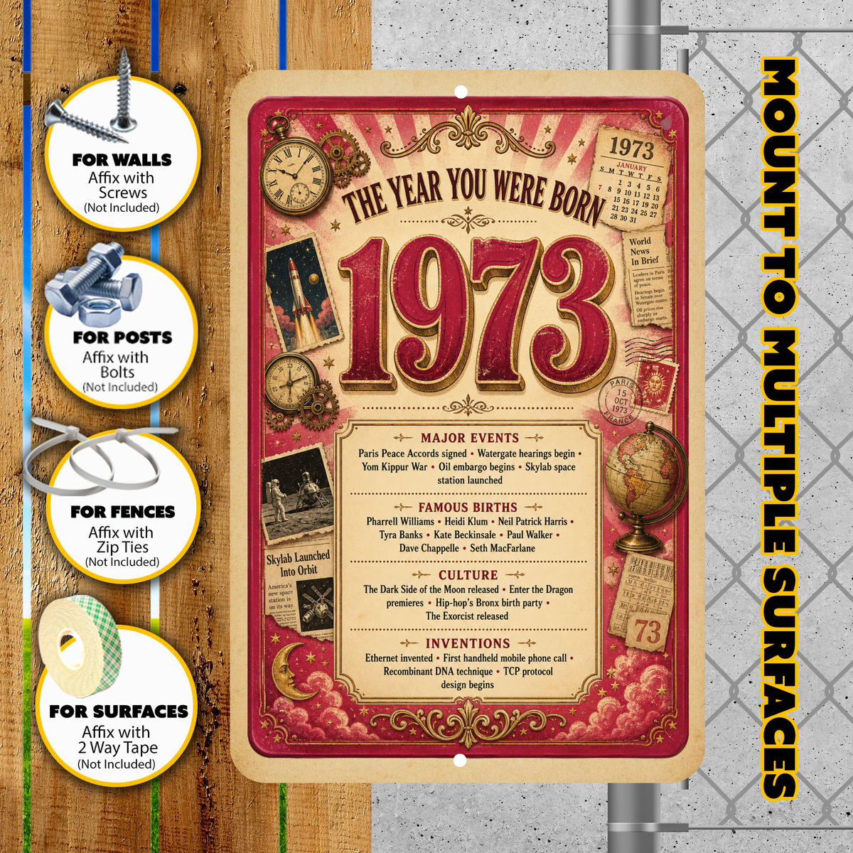 1973 The Year You Were Born Aluminum Sign – Vintage Birthday & Anniversary Gift