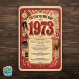 1973 The Year You Were Born Aluminum Sign – Vintage Birthday & Anniversary Gift