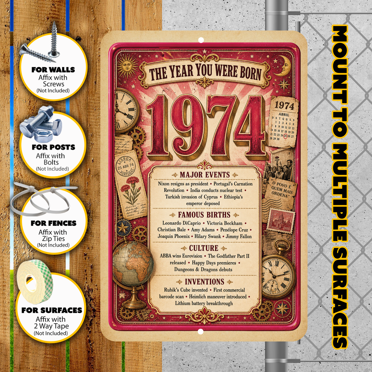 1974 The Year You Were Born Aluminum Sign – Vintage Birthday & Anniversary Gift