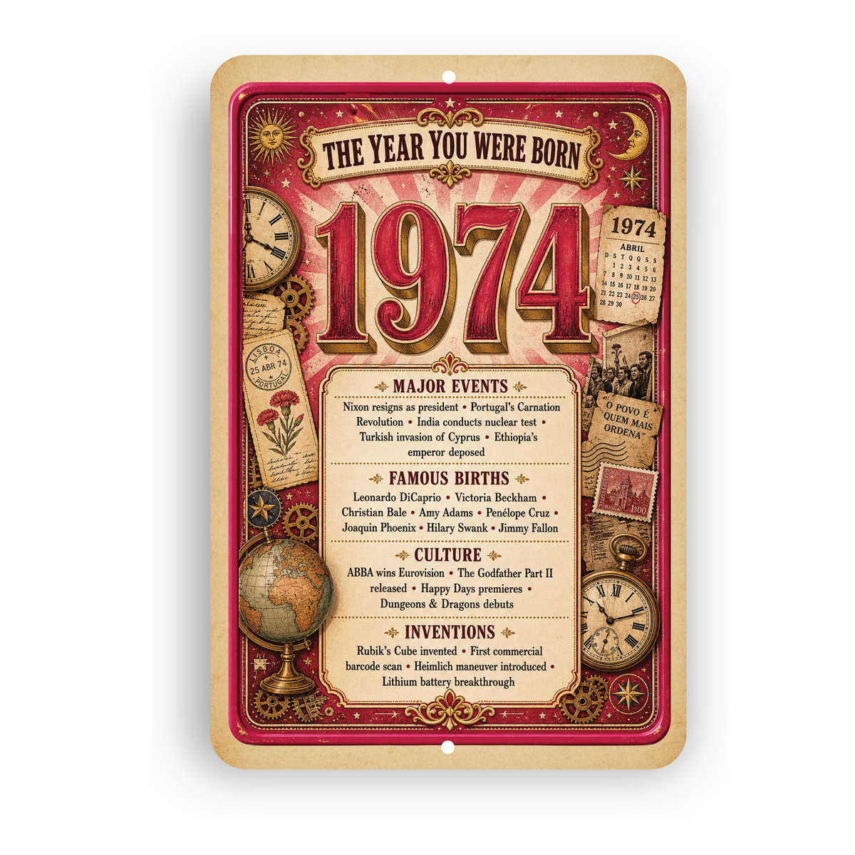 1974 The Year You Were Born Aluminum Sign – Vintage Birthday & Anniversary Gift