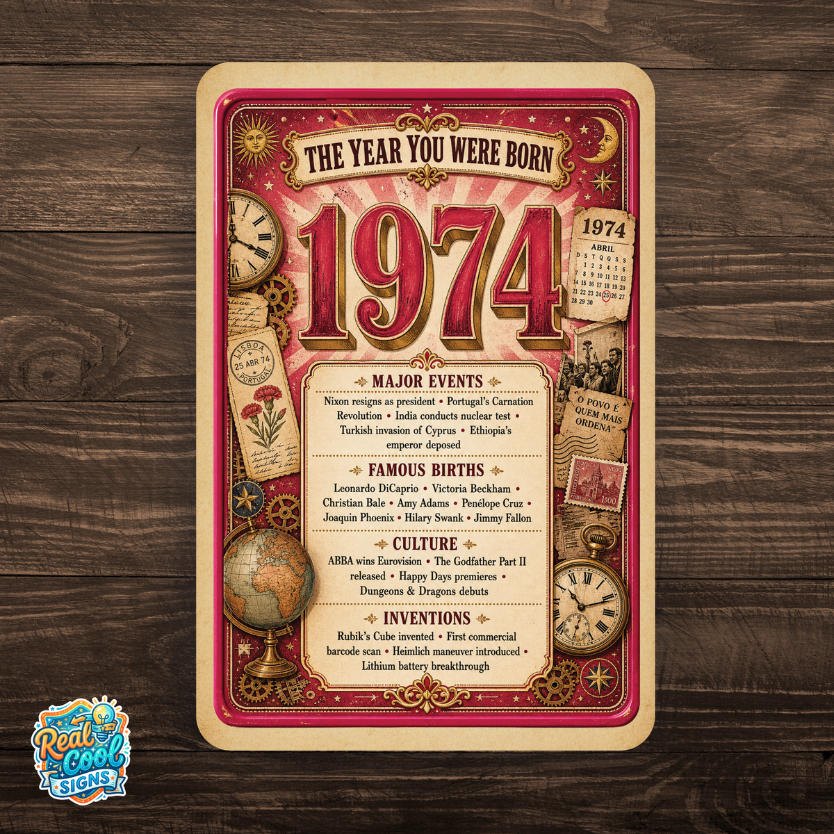 1974 The Year You Were Born Aluminum Sign – Vintage Birthday & Anniversary Gift