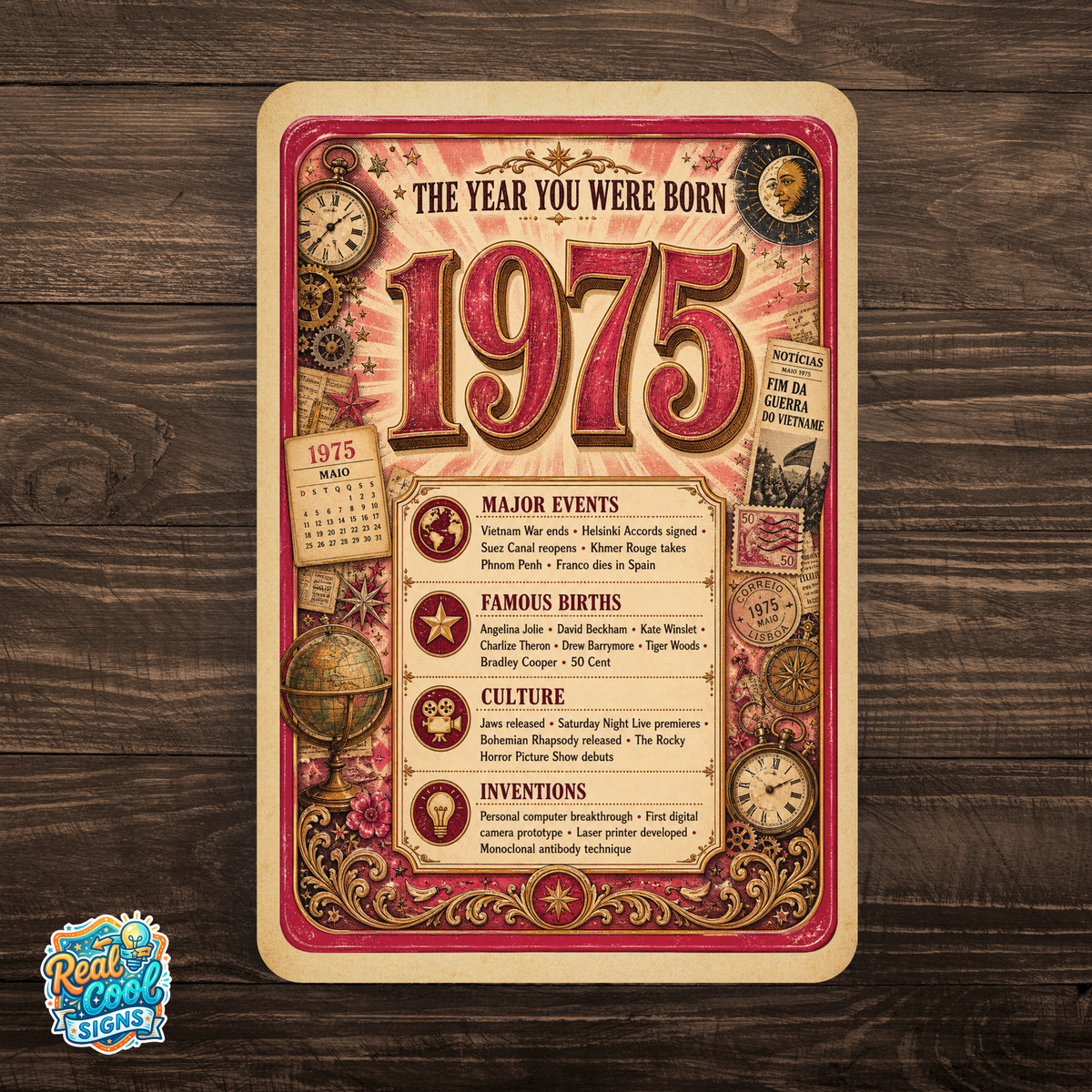 1975 The Year You Were Born Aluminum Sign – Vintage Birthday & Anniversary Gift