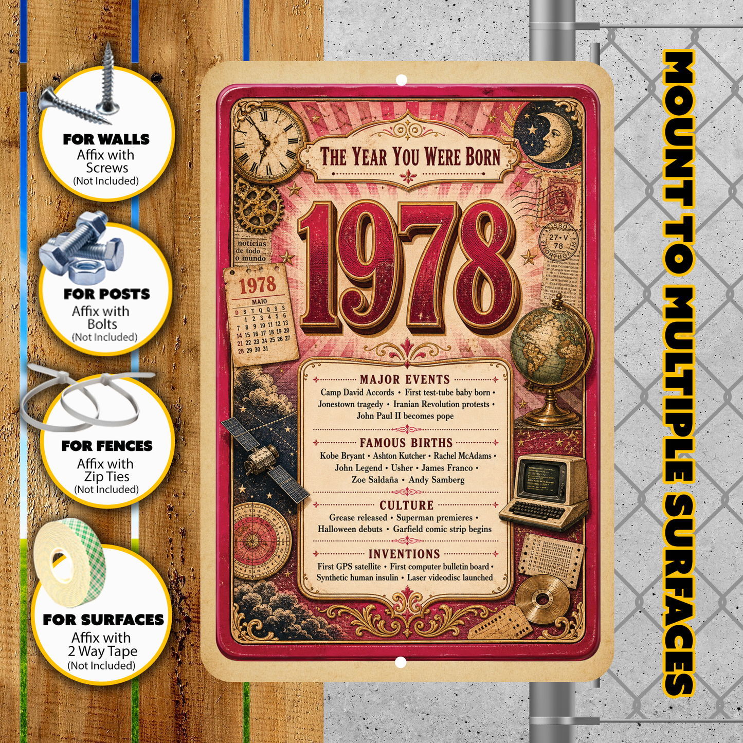 1978 The Year You Were Born Aluminum Sign – Vintage Birthday & Anniversary Gift