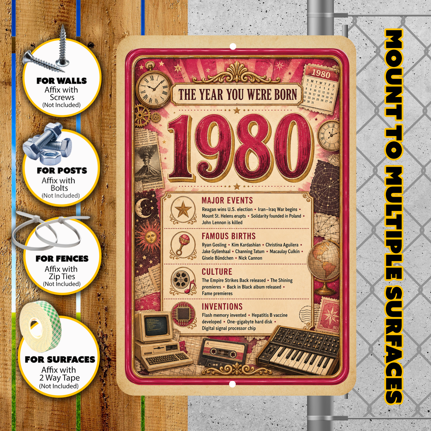 1980 The Year You Were Born Aluminum Sign – Vintage Birthday & Anniversary Gift