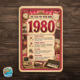 1980 The Year You Were Born Aluminum Sign – Vintage Birthday & Anniversary Gift