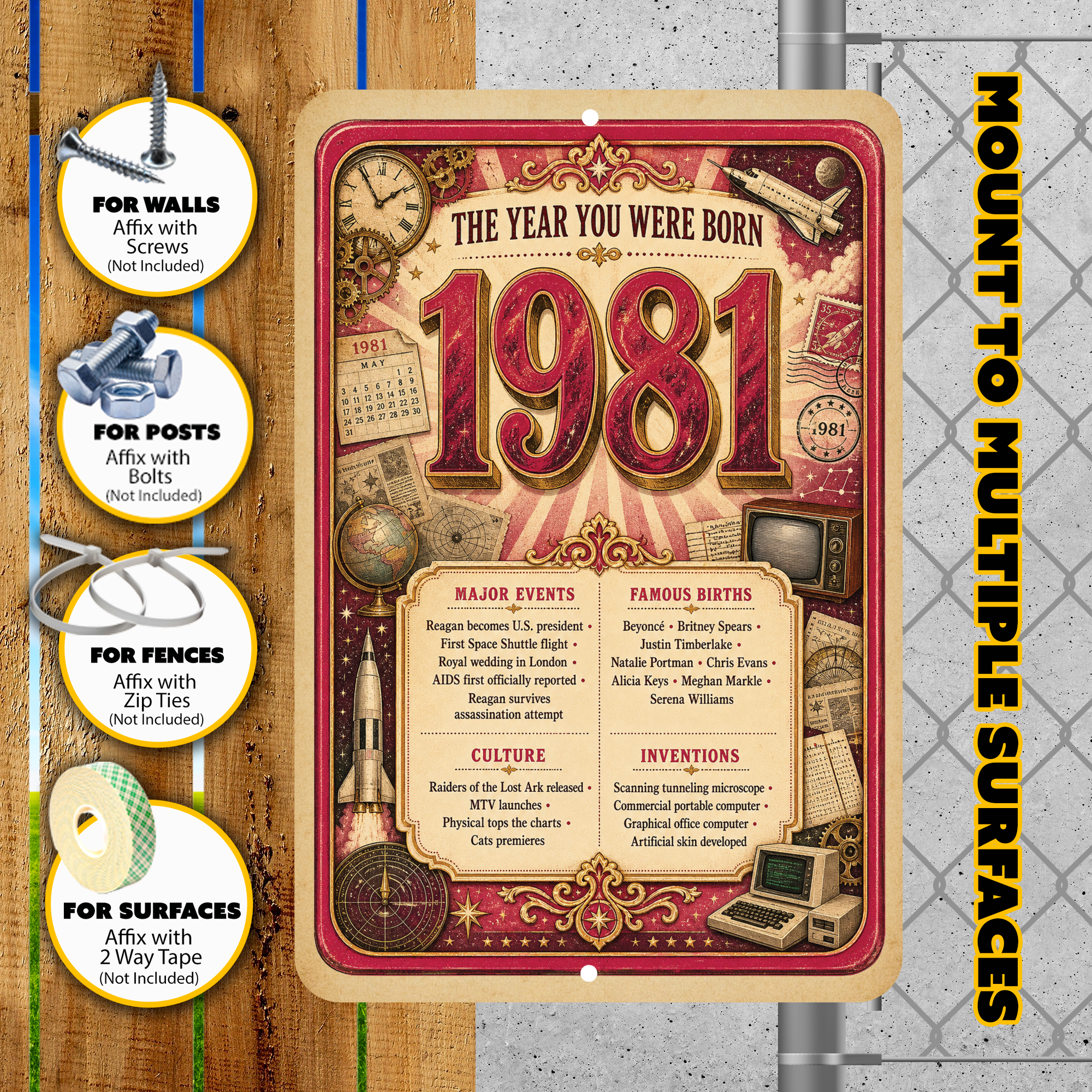 1981 The Year You Were Born Aluminum Sign – Vintage Birthday & Anniversary Gift