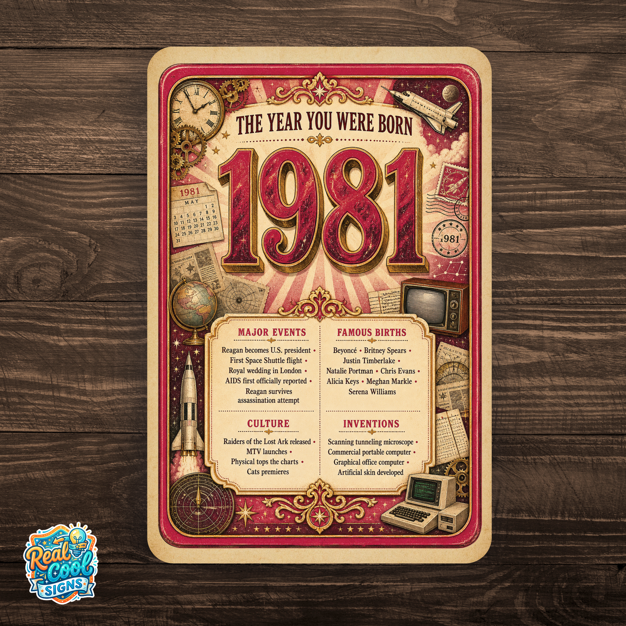1981 The Year You Were Born Aluminum Sign – Vintage Birthday & Anniversary Gift
