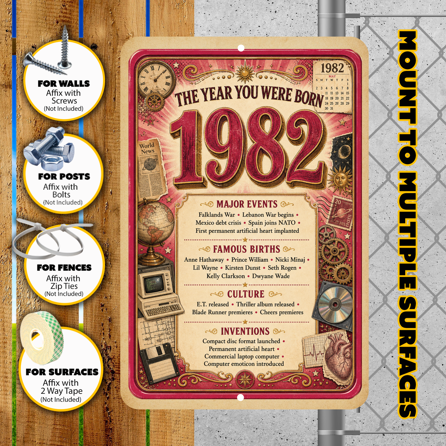 1982 The Year You Were Born Aluminum Sign – Vintage Birthday & Anniversary Gift