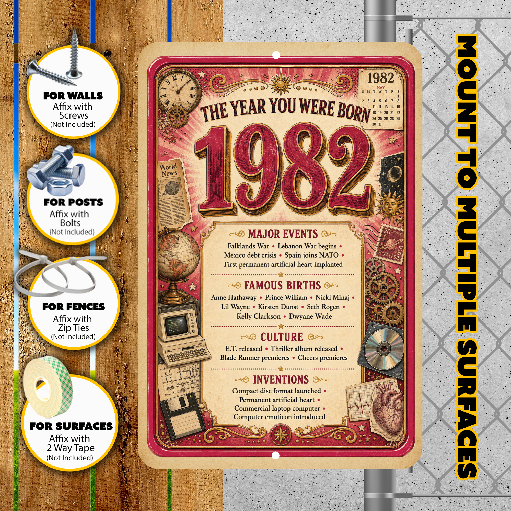 1982 The Year You Were Born Aluminum Sign – Vintage Birthday & Anniversary Gift