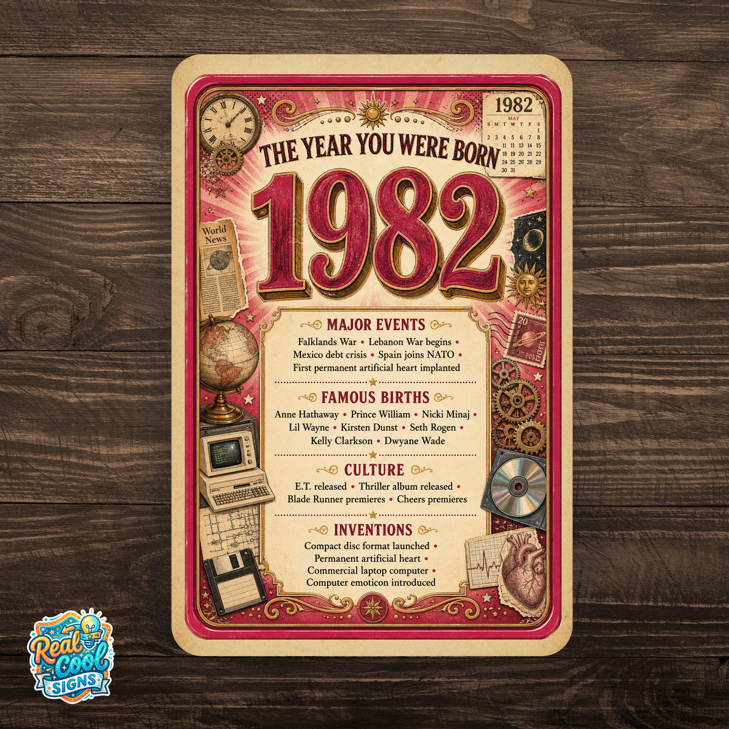 1982 The Year You Were Born Aluminum Sign – Vintage Birthday & Anniversary Gift