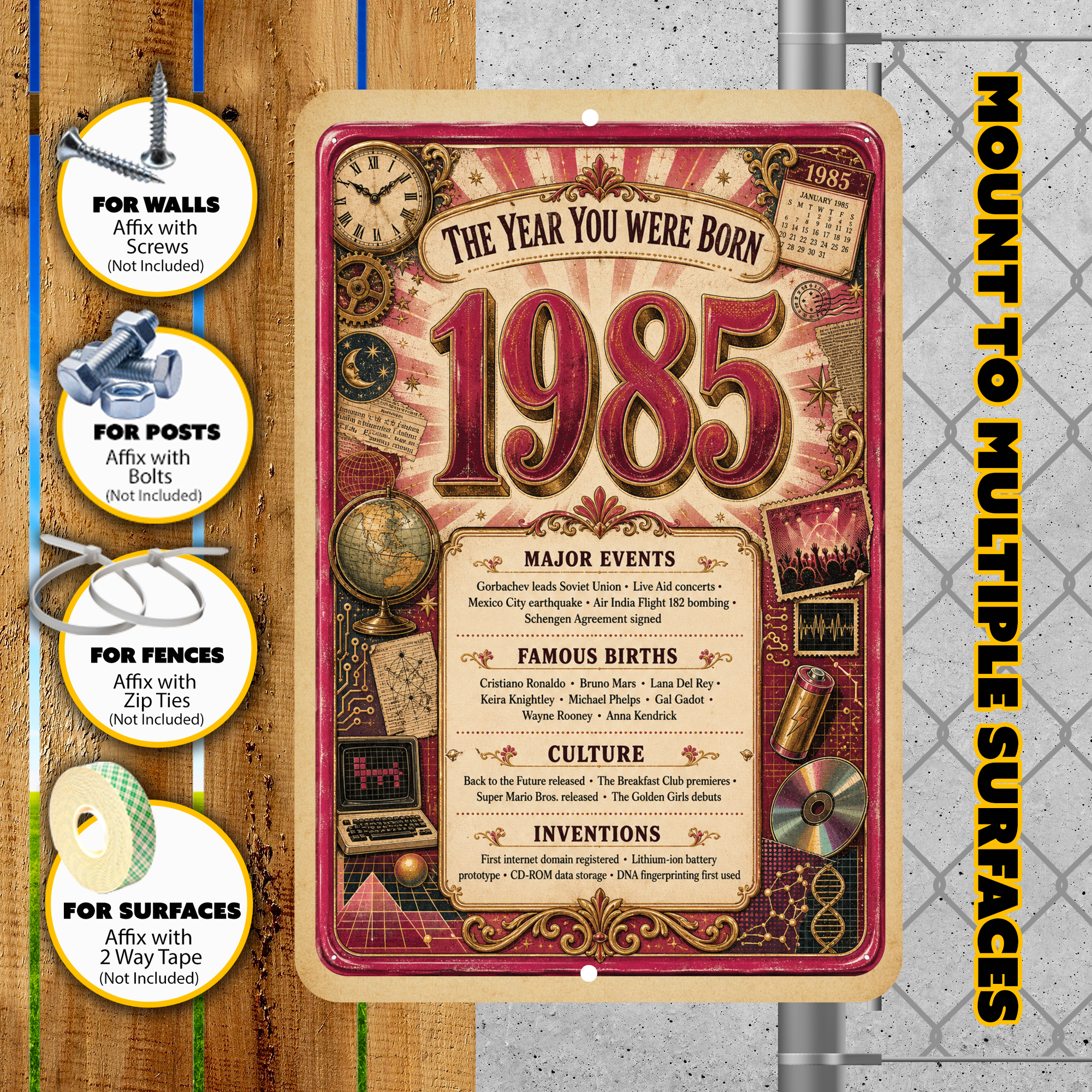 1985 The Year You Were Born Aluminum Sign – Vintage Birthday & Anniversary Gift
