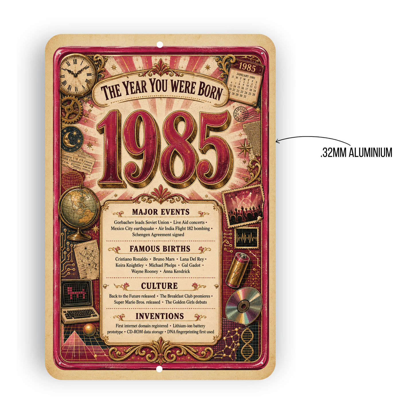 1985 The Year You Were Born Aluminum Sign – Vintage Birthday & Anniversary Gift
