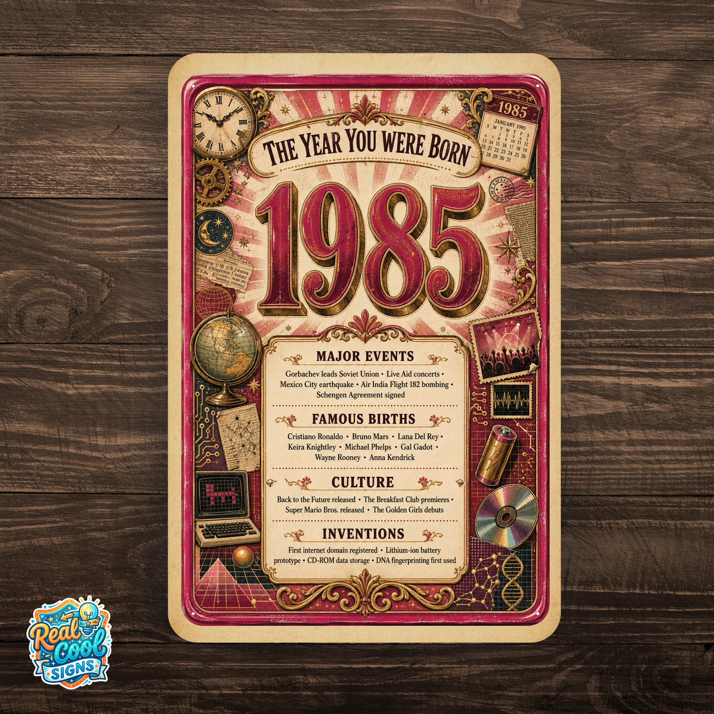 1985 The Year You Were Born Aluminum Sign – Vintage Birthday & Anniversary Gift