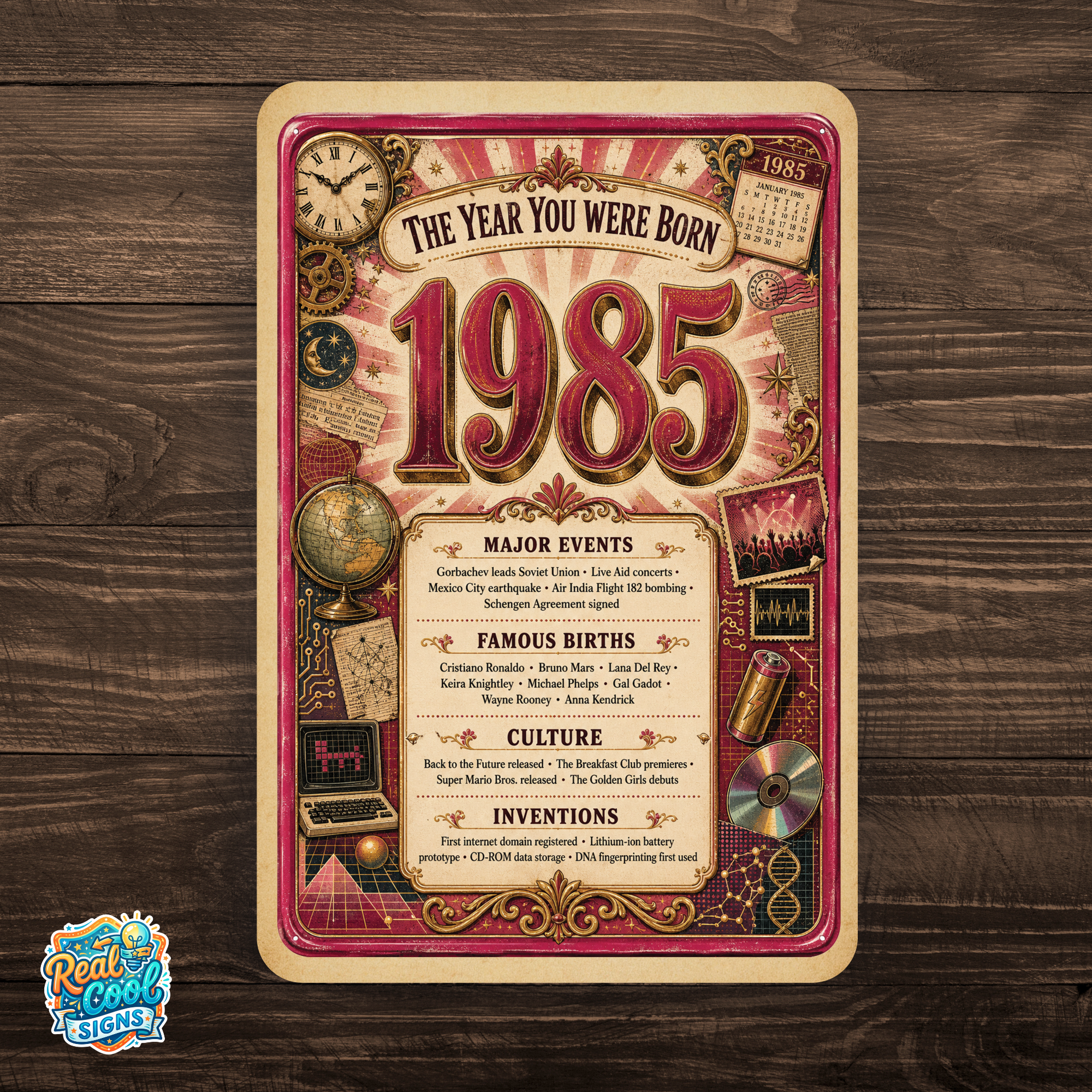 1985 The Year You Were Born Aluminum Sign – Vintage Birthday & Anniversary Gift