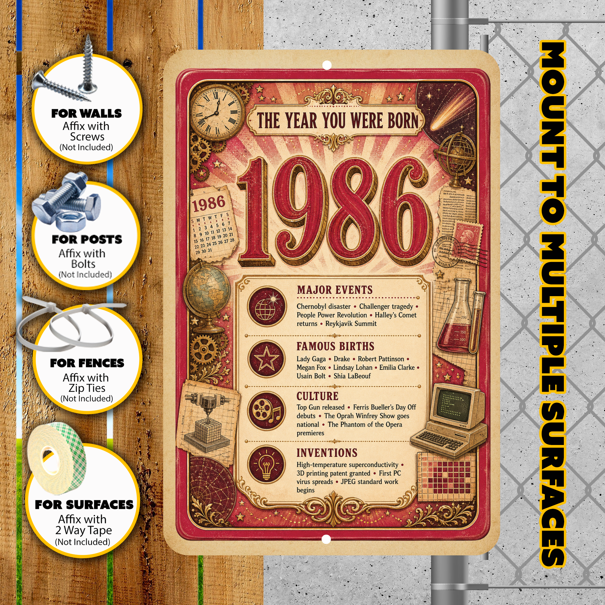 1986 The Year You Were Born Aluminum Sign – Vintage Birthday & Anniversary Gift