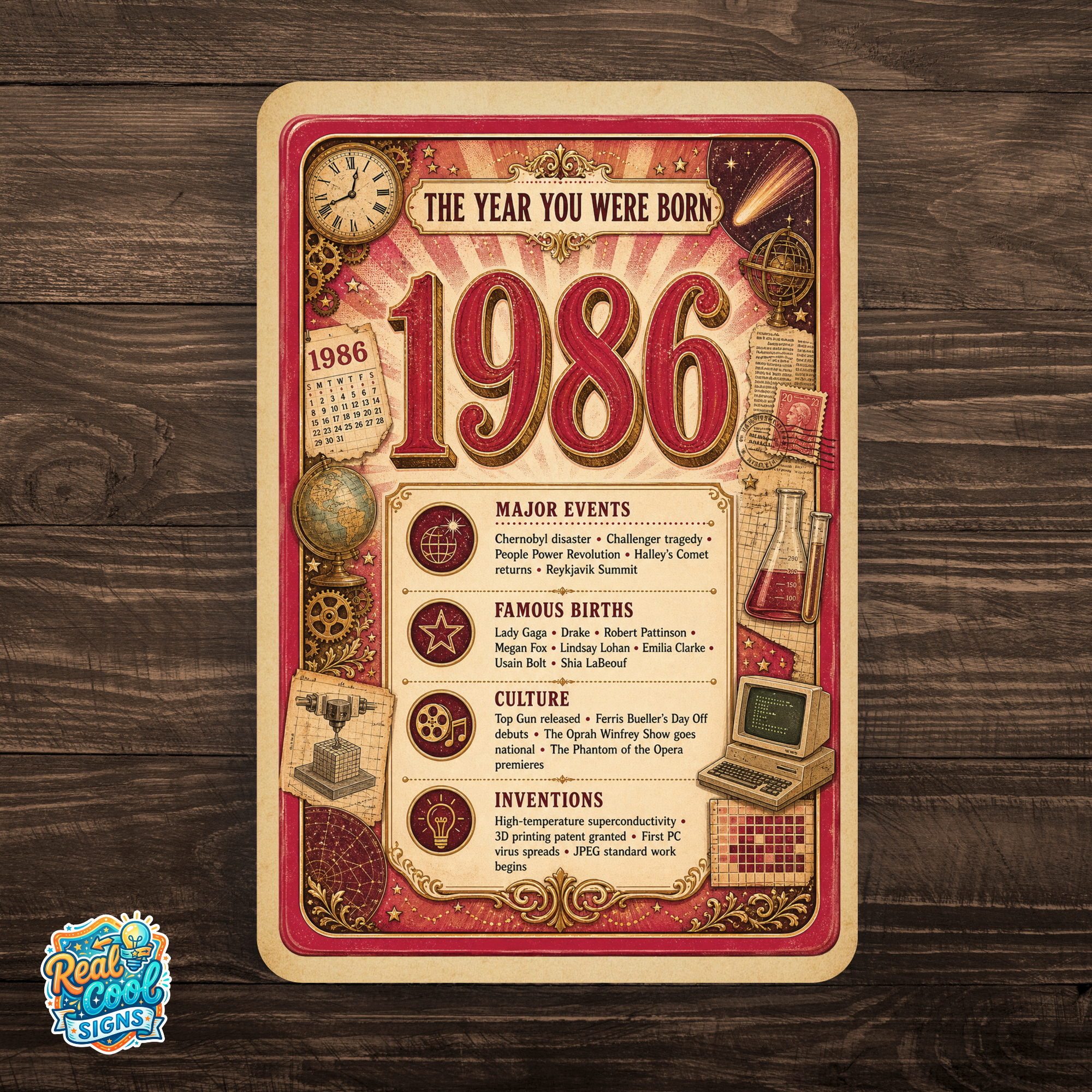 1986 The Year You Were Born Aluminum Sign – Vintage Birthday & Anniversary Gift