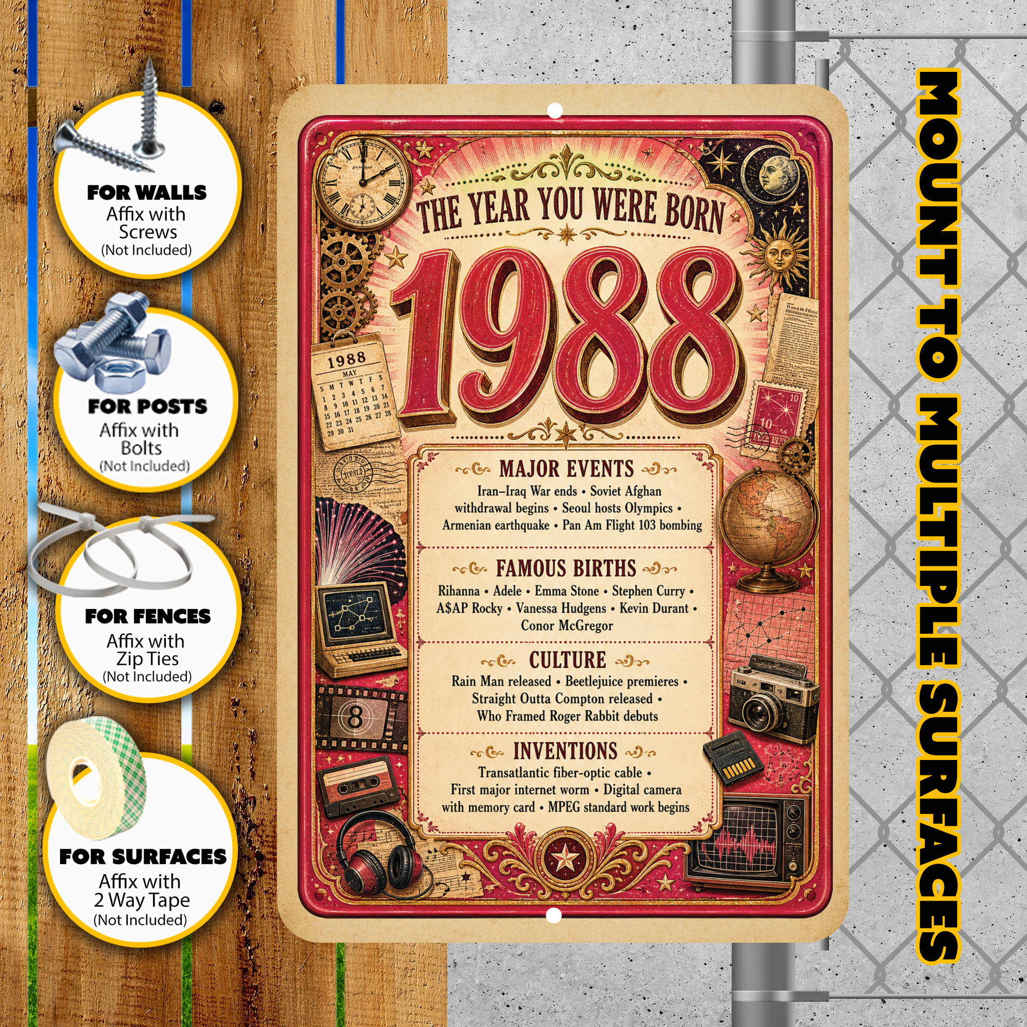 1988 The Year You Were Born Aluminum Sign – Vintage Birthday & Anniversary Gift