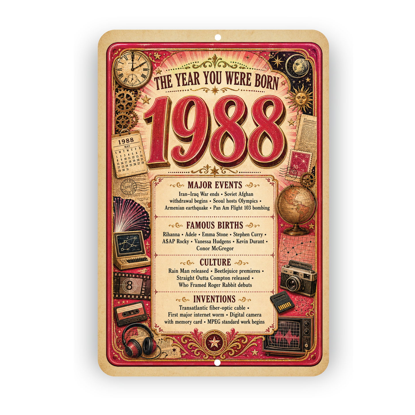 1988 The Year You Were Born Aluminum Sign – Vintage Birthday & Anniversary Gift
