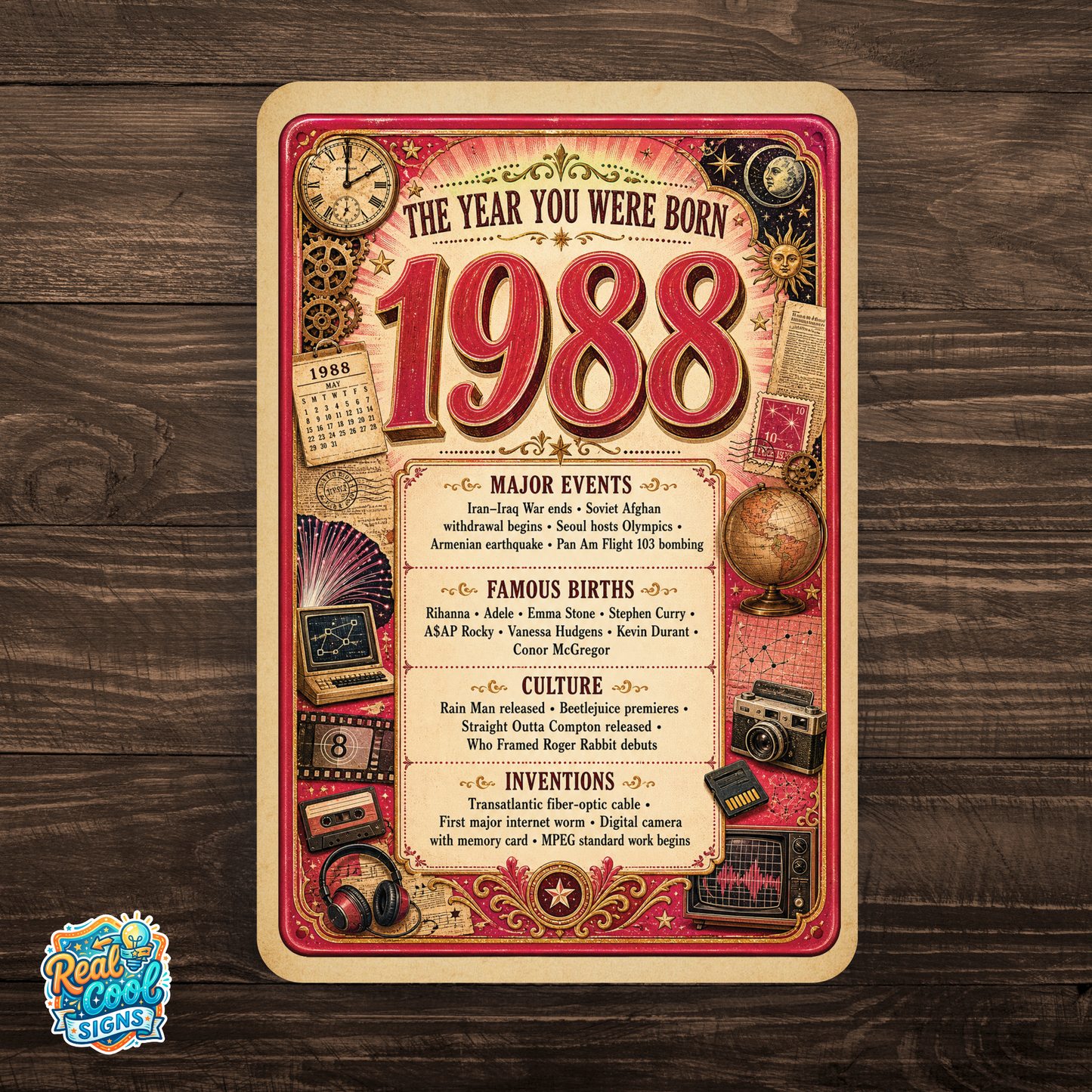 1988 The Year You Were Born Aluminum Sign – Vintage Birthday & Anniversary Gift