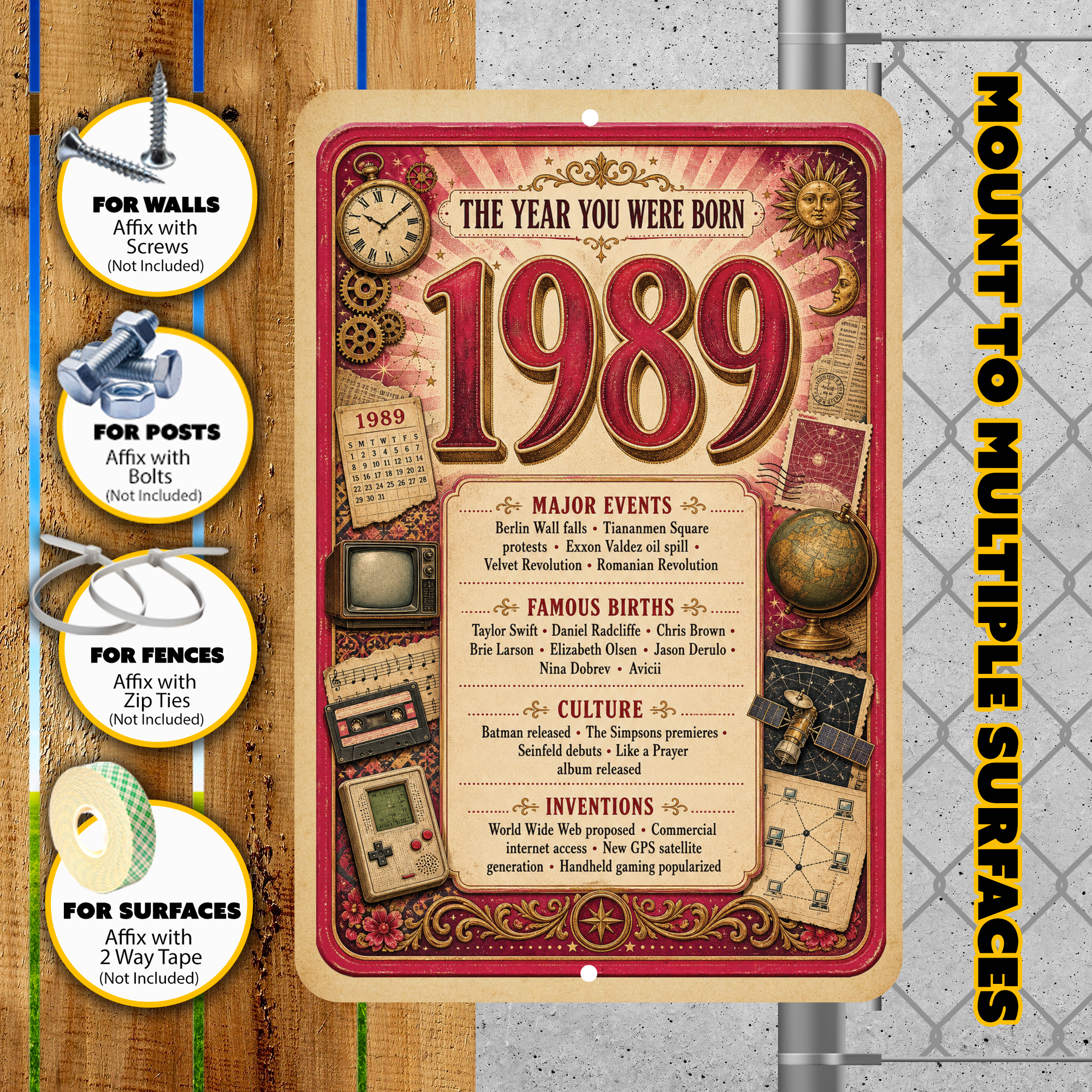 1989 The Year You Were Born Aluminum Sign – Vintage Birthday & Anniversary Gift