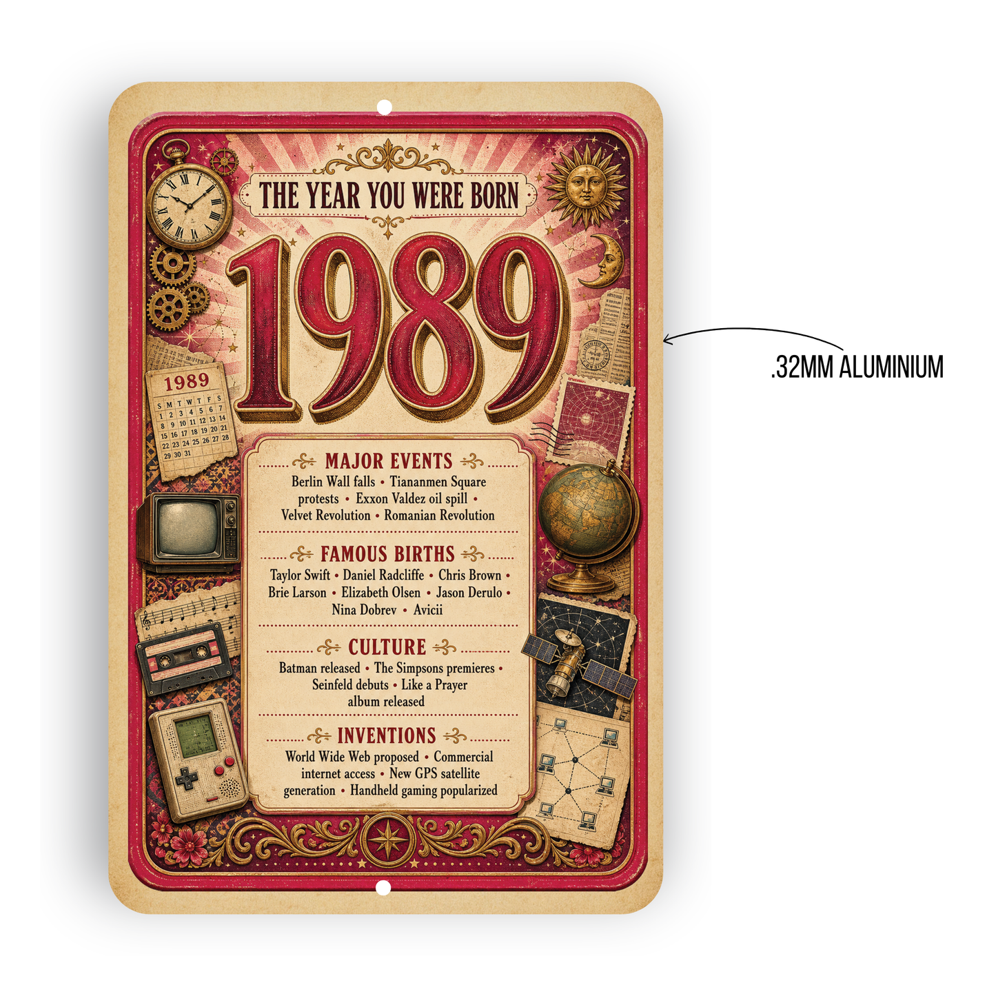 1989 The Year You Were Born Aluminum Sign – Vintage Birthday & Anniversary Gift