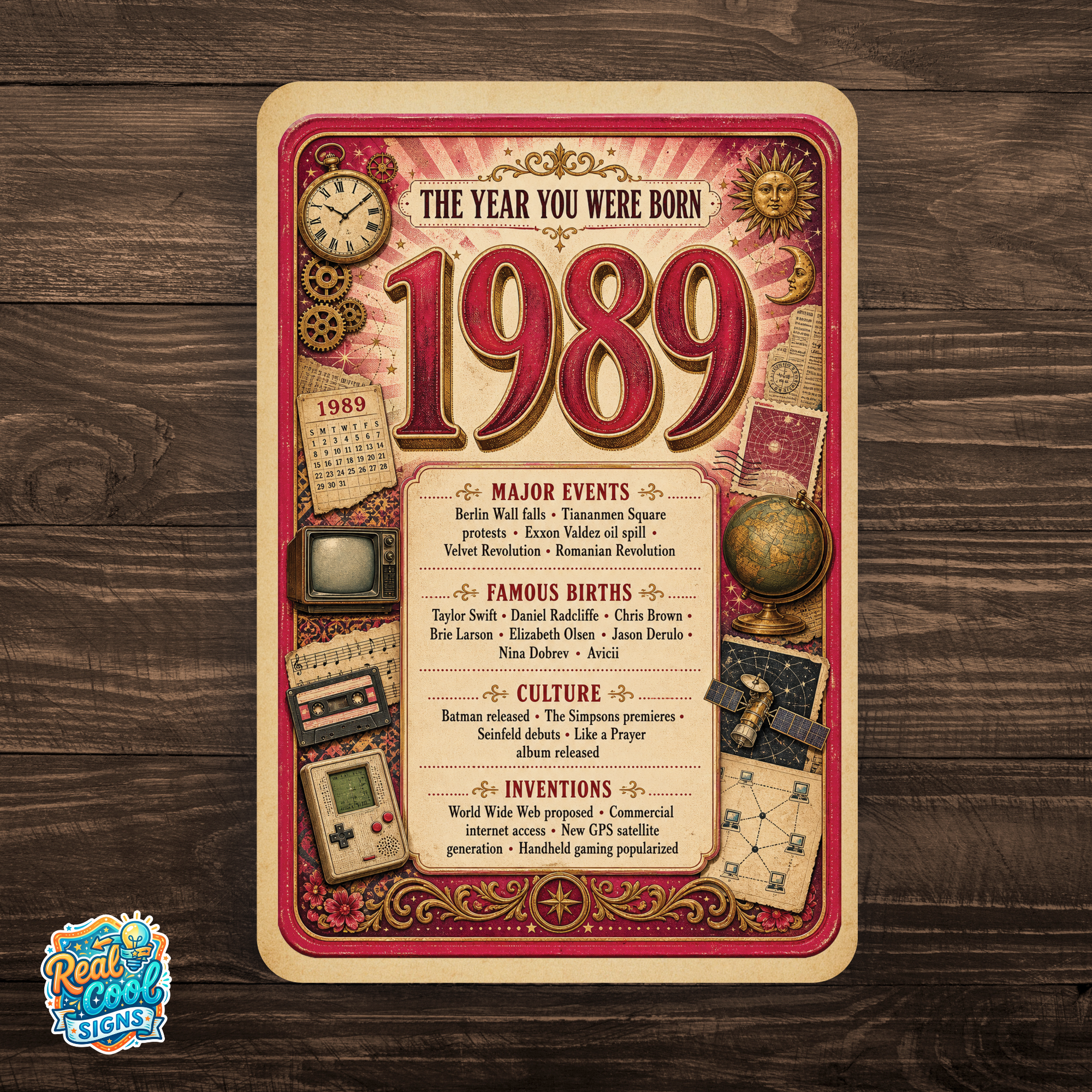 1989 The Year You Were Born Aluminum Sign – Vintage Birthday & Anniversary Gift