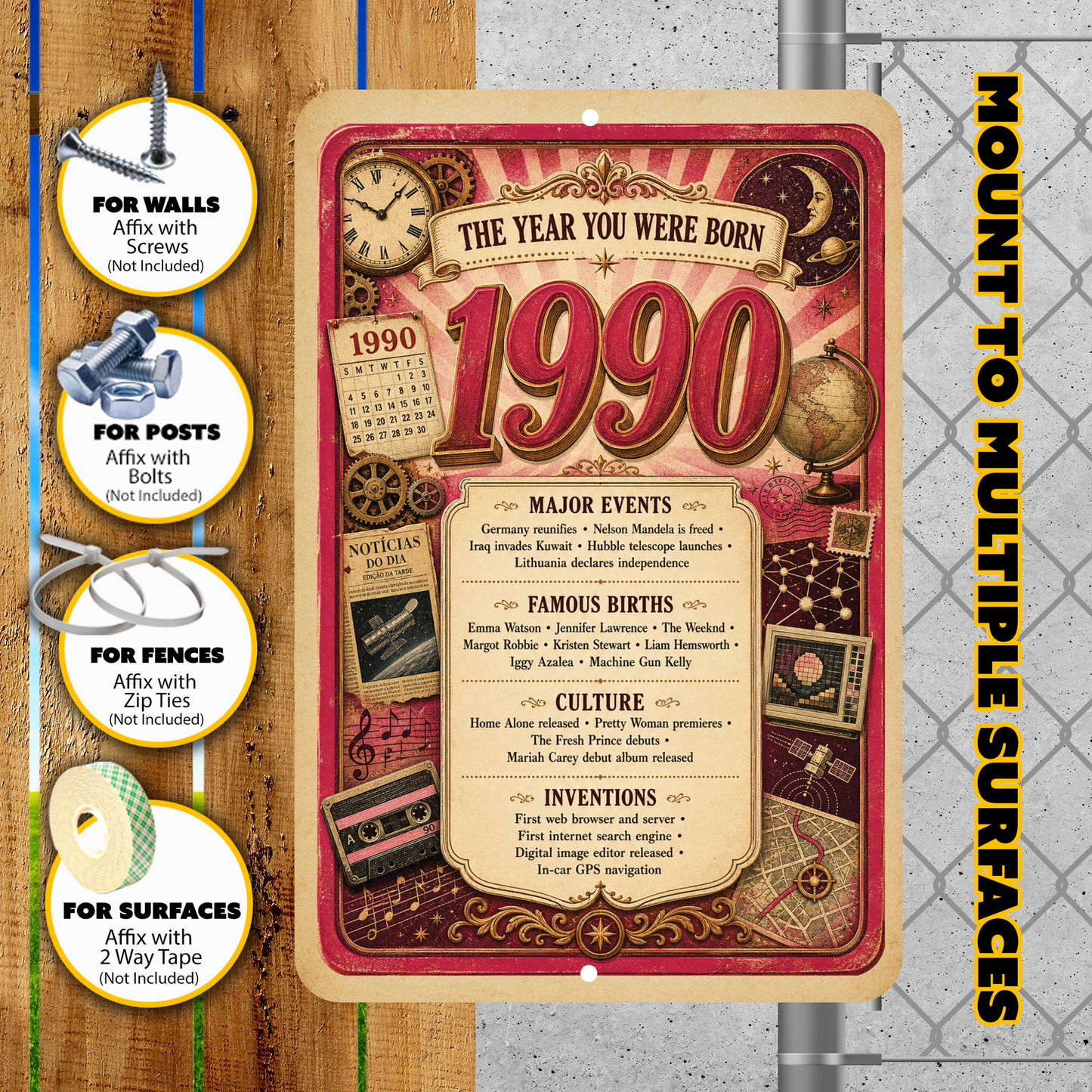 1990 The Year You Were Born Aluminum Sign – Vintage Birthday & Anniversary Gift