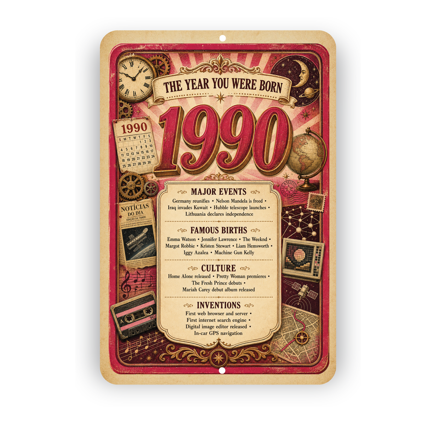 1990 The Year You Were Born Aluminum Sign – Vintage Birthday & Anniversary Gift