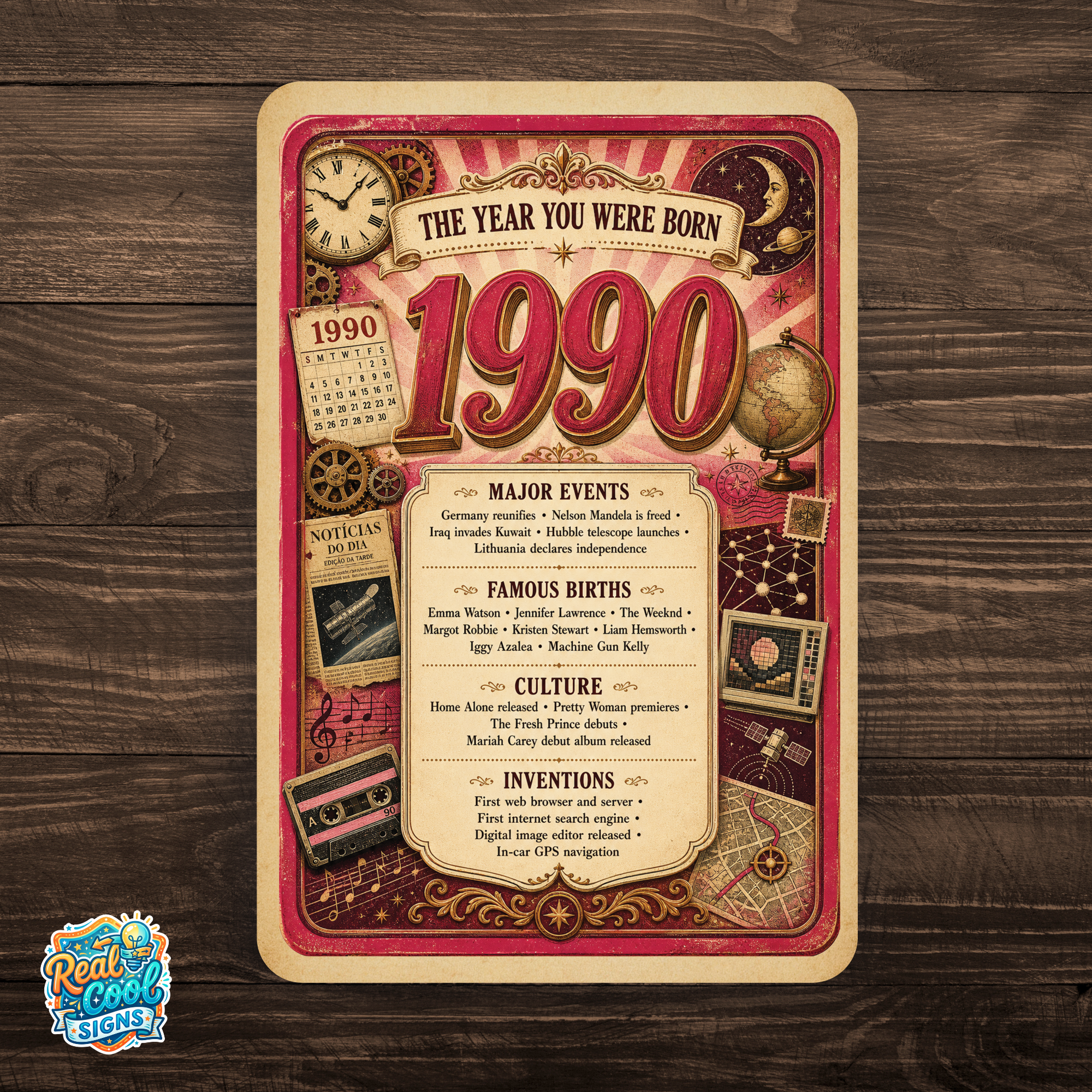 1990 The Year You Were Born Aluminum Sign – Vintage Birthday & Anniversary Gift