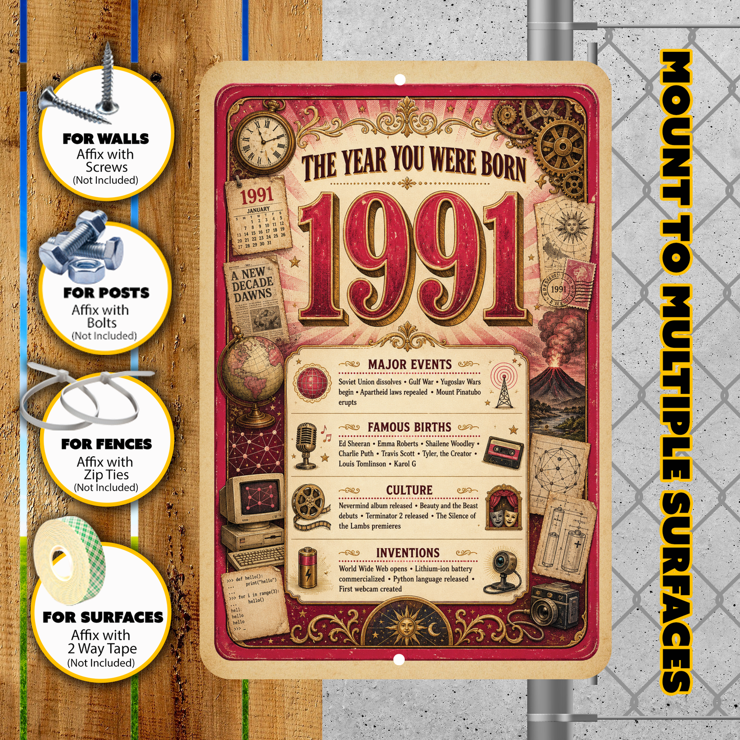 1991 The Year You Were Born Aluminum Sign – Vintage Birthday & Anniversary Gift