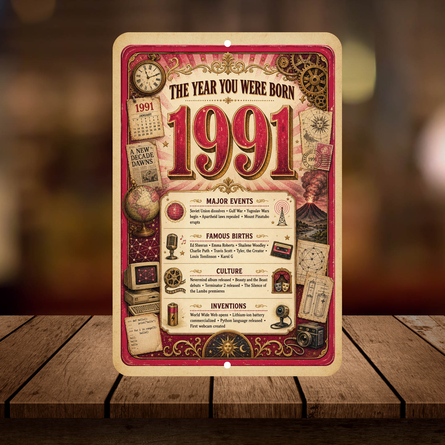 1991 The Year You Were Born Aluminum Sign – Vintage Birthday & Anniversary Gift