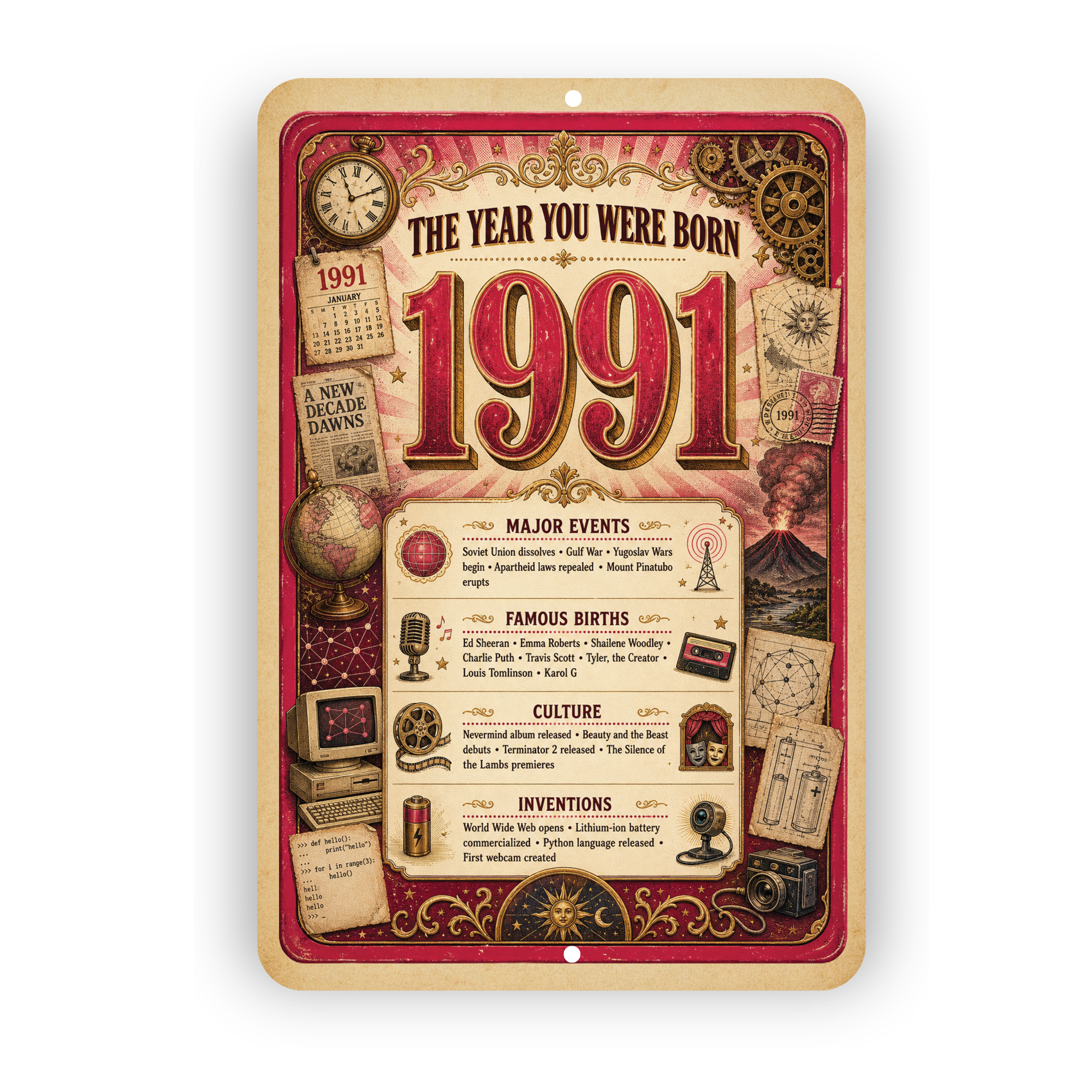 1991 The Year You Were Born Aluminum Sign – Vintage Birthday & Anniversary Gift