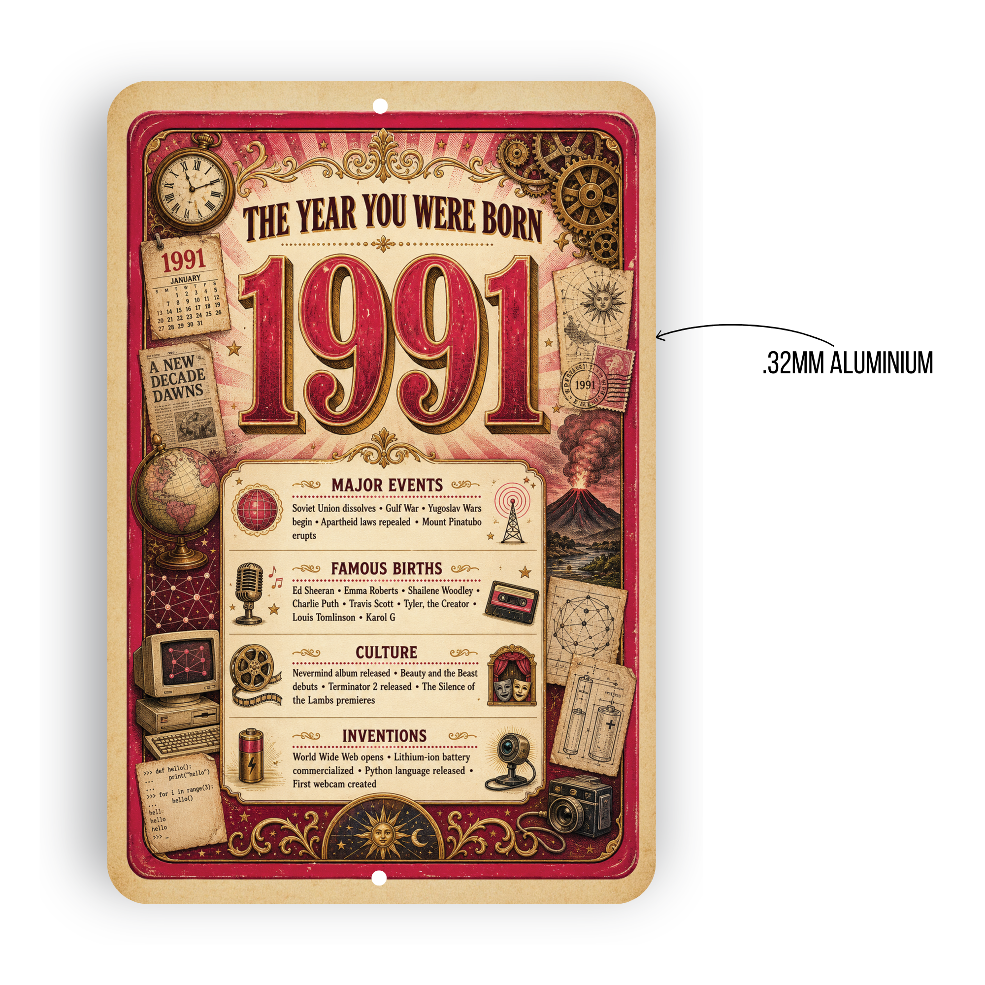 1991 The Year You Were Born Aluminum Sign – Vintage Birthday & Anniversary Gift