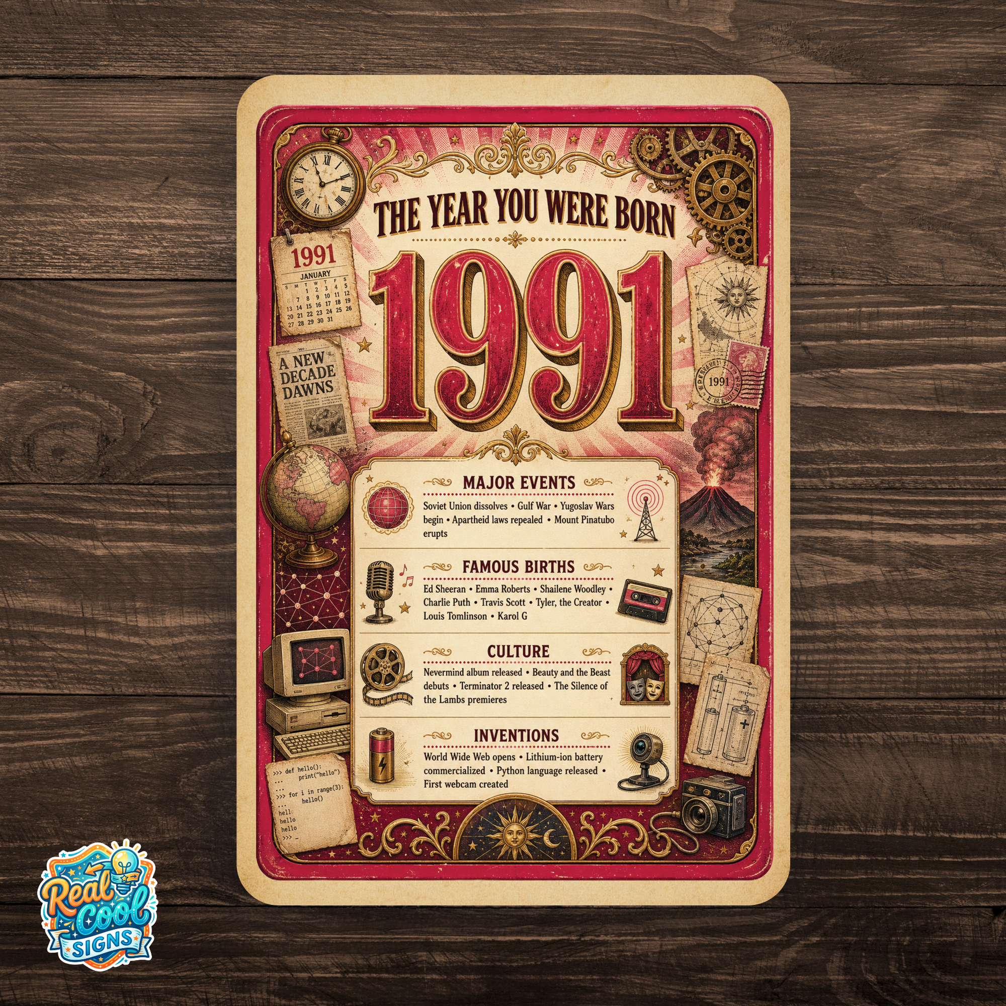 1991 The Year You Were Born Aluminum Sign – Vintage Birthday & Anniversary Gift