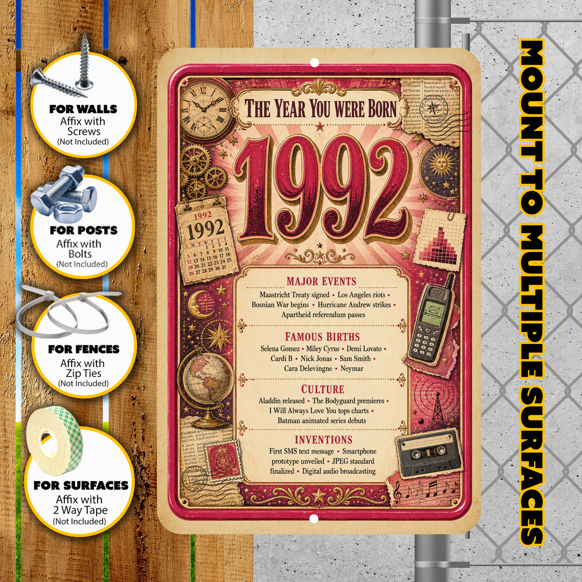 1992 The Year You Were Born Aluminum Sign – Vintage Birthday & Anniversary Gift