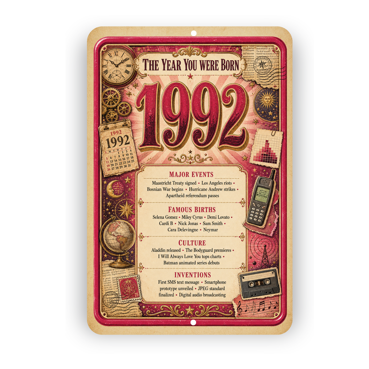 1992 The Year You Were Born Aluminum Sign – Vintage Birthday & Anniversary Gift