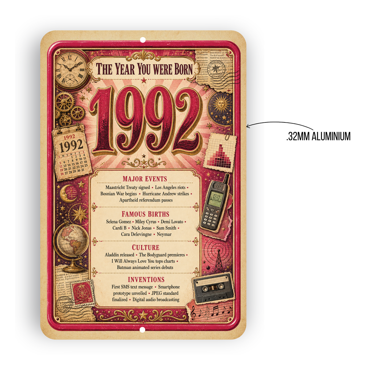 1992 The Year You Were Born Aluminum Sign – Vintage Birthday & Anniversary Gift