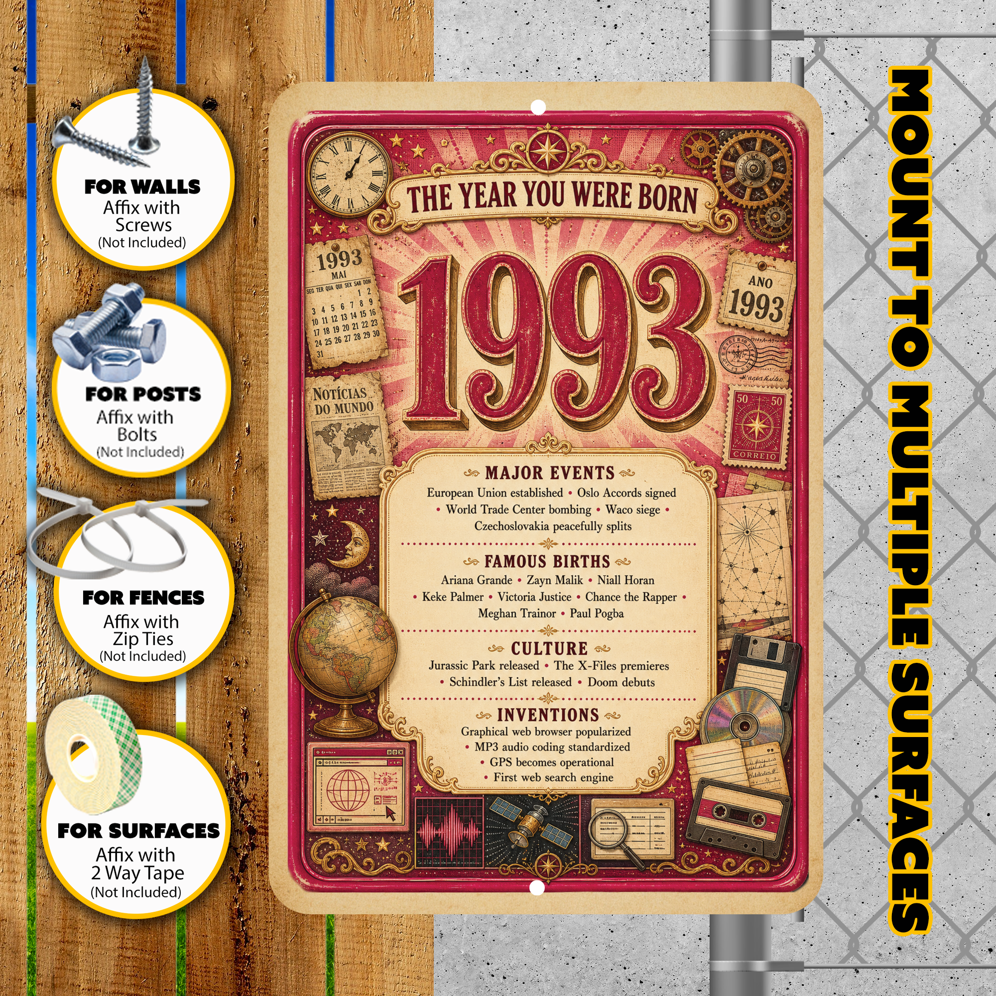 1993 The Year You Were Born Aluminum Sign – Vintage Birthday & Anniversary Gift