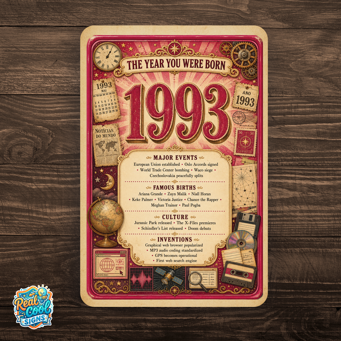 1993 The Year You Were Born Aluminum Sign – Vintage Birthday & Anniversary Gift
