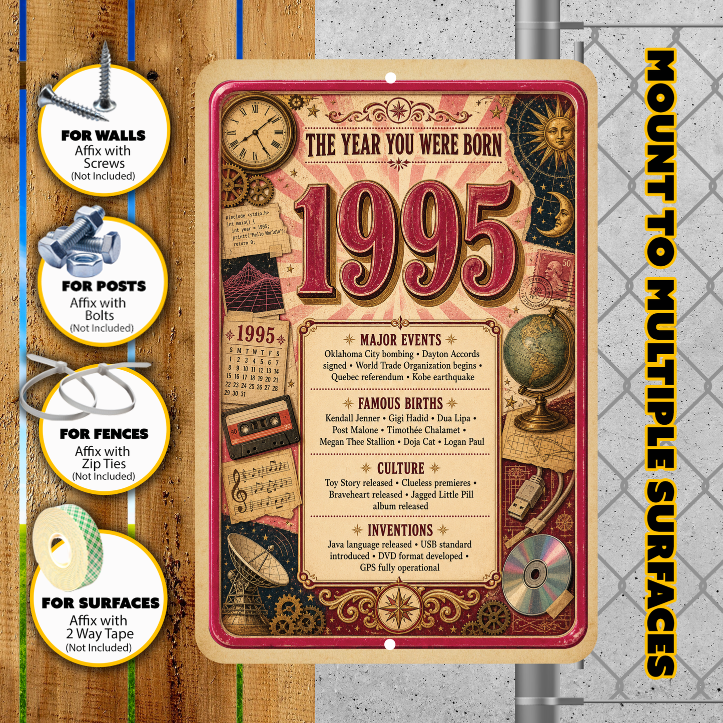 1995 The Year You Were Born Aluminum Sign – Vintage Birthday & Anniversary Gift