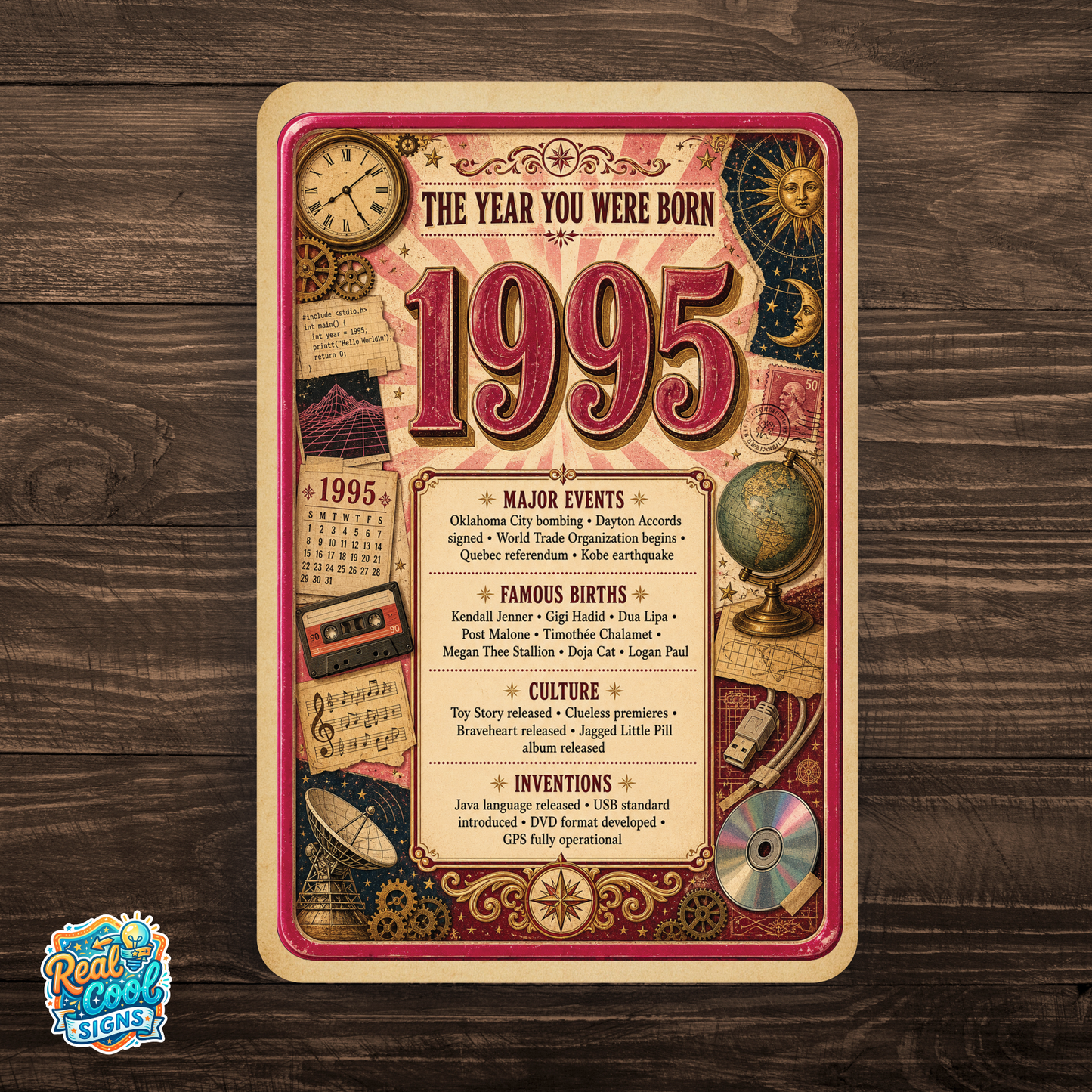 1995 The Year You Were Born Aluminum Sign – Vintage Birthday & Anniversary Gift