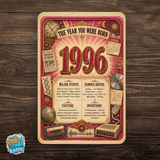 1996 The Year You Were Born Aluminum Sign – Vintage Birthday & Anniversary Gift