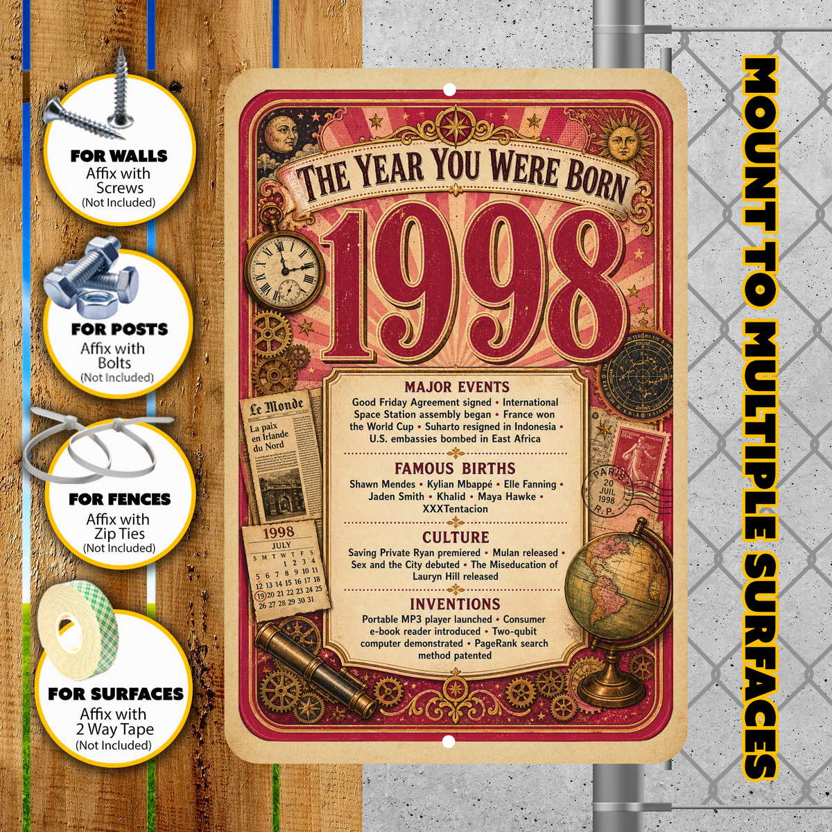 1998 The Year You Were Born Aluminum Sign – Vintage Birthday & Anniversary Gift