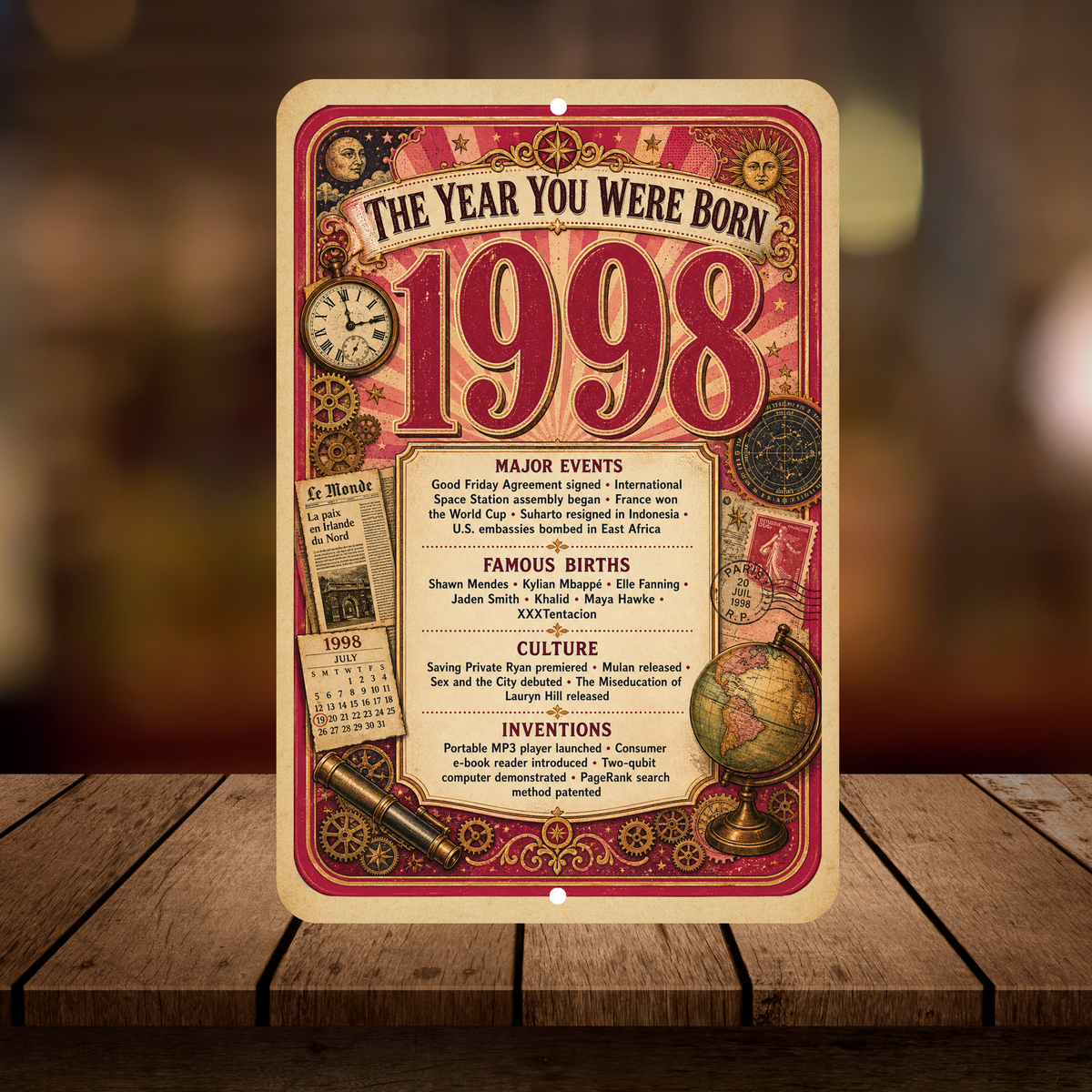 1998 The Year You Were Born Aluminum Sign – Vintage Birthday & Anniversary Gift