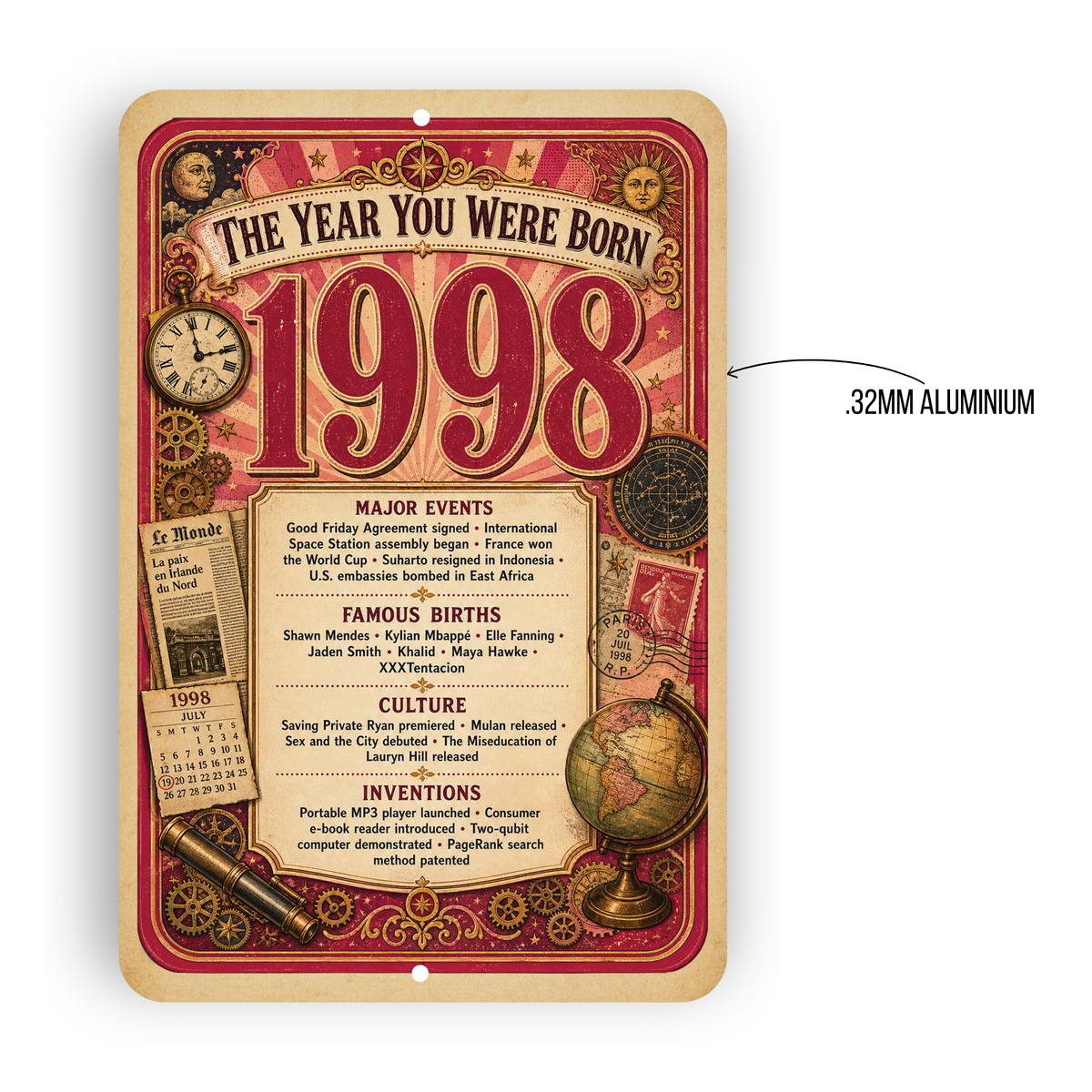 1998 The Year You Were Born Aluminum Sign – Vintage Birthday & Anniversary Gift