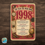 1998 The Year You Were Born Aluminum Sign – Vintage Birthday & Anniversary Gift
